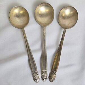 3 Vtg Holmes & Edwards Silverplate Round Bowl Soup Spoons, Danish Princess, 7"